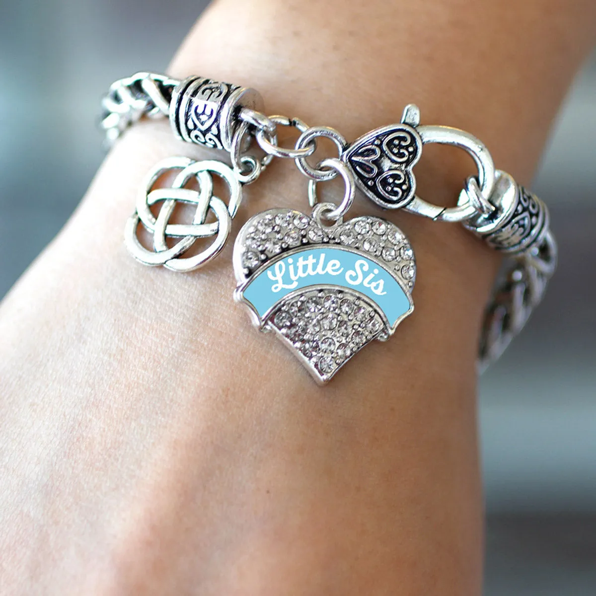 Silver Light Blue Little Sis Celtic Knot Pave Heart Charm Braided Bracelet