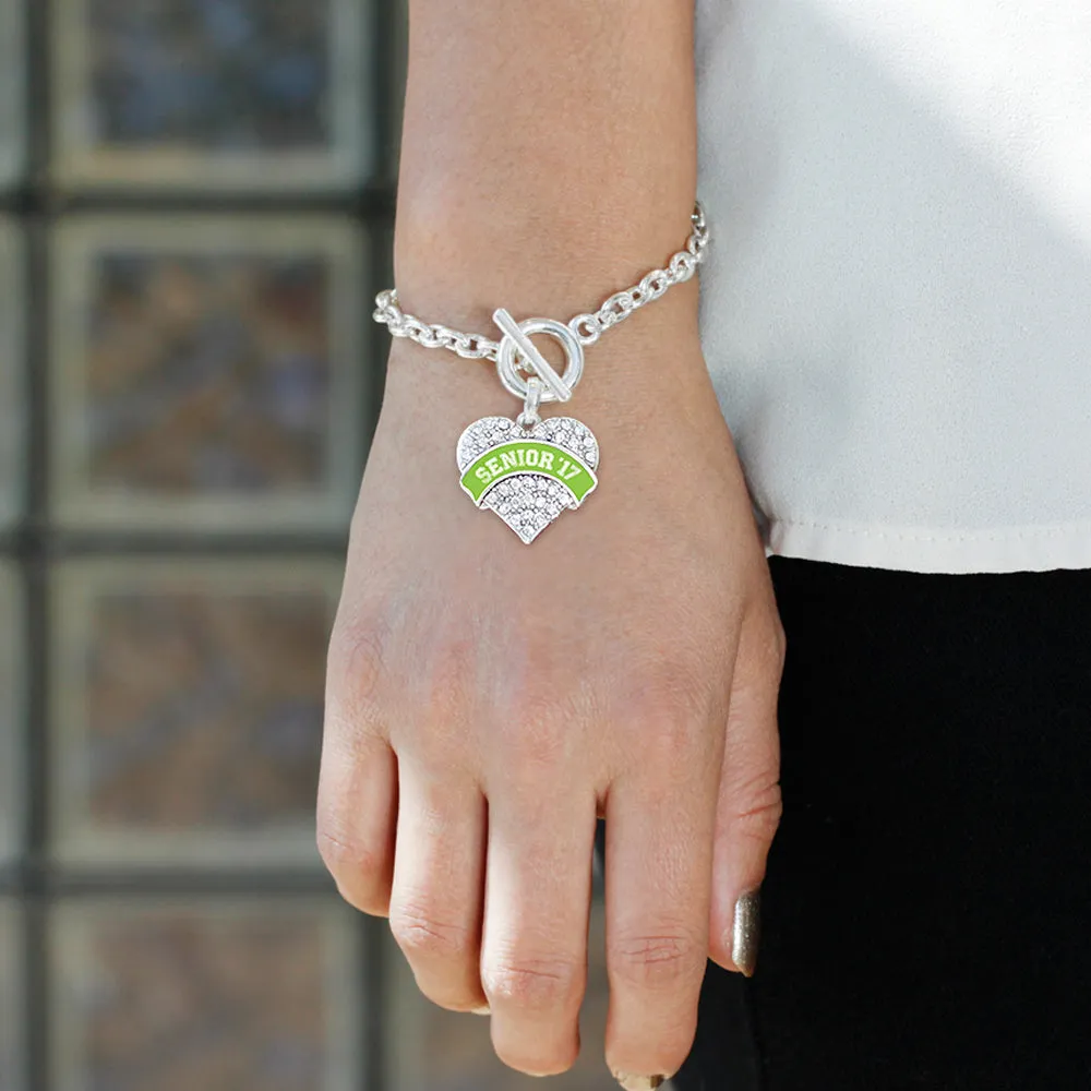 Silver Lime Green Senior 2017 Pave Heart Charm Toggle Bracelet