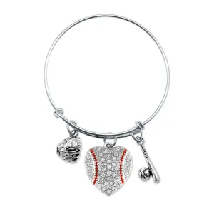 Silver Love Baseball Heart Bat and Glove Charm Wire Bangle Bracelet