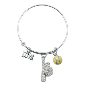 Silver Love Hat and Bat Softball Charm Wire Bangle Bracelet