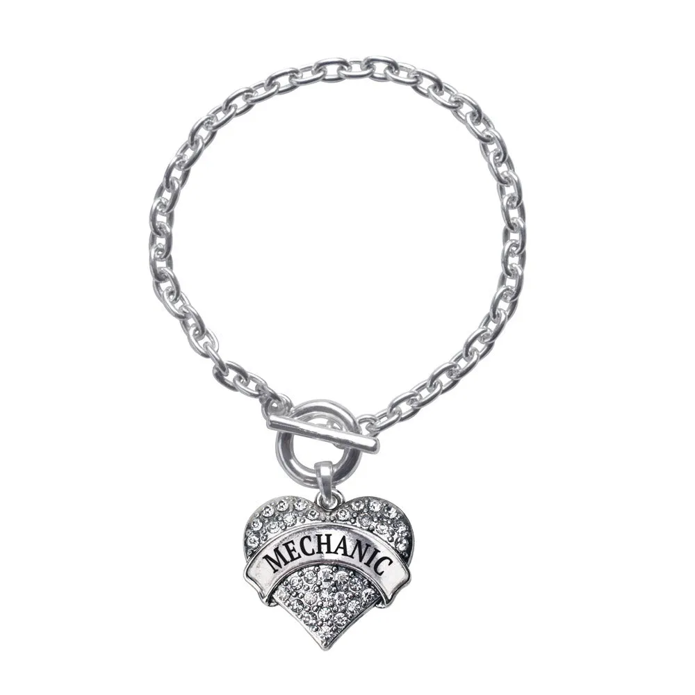 Silver Mechanic Pave Heart Charm Toggle Bracelet