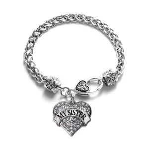 Silver My Sister Pave Heart Charm Braided Bracelet