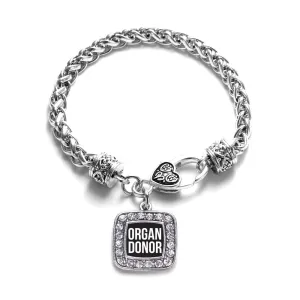 Silver Organ Donor Black Square Charm Braided Bracelet