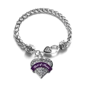 Silver Plum Maid of Honor Pave Heart Charm Braided Bracelet