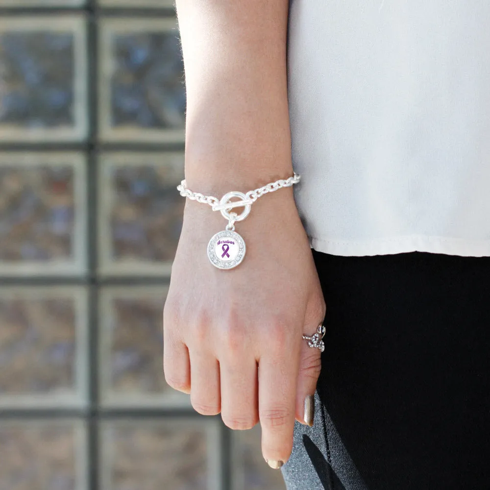 Silver Purple Ribbon Survivor Circle Charm Toggle Bracelet