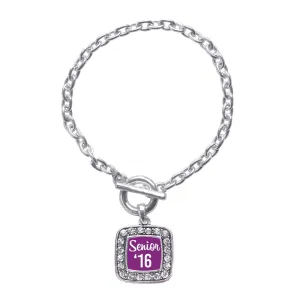 Silver Purple Senior '16 Square Charm Toggle Bracelet