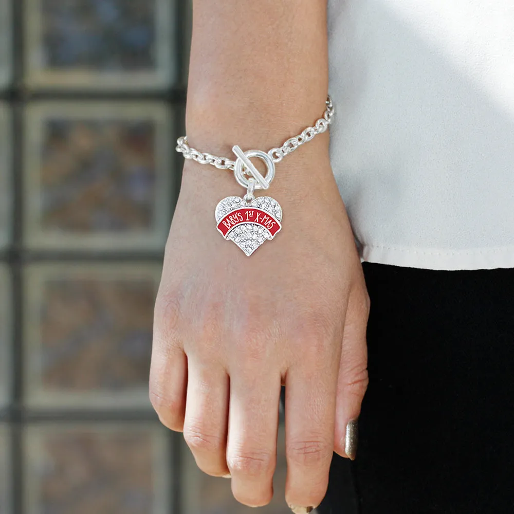 Silver Red Banner Baby's 1st X-Mas Pave Heart Charm Toggle Bracelet