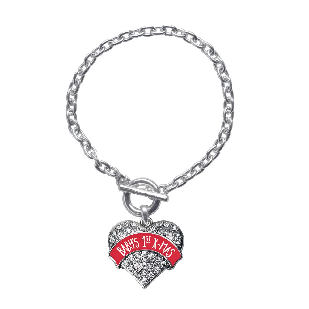 Silver Red Banner Baby's 1st X-Mas Pave Heart Charm Toggle Bracelet