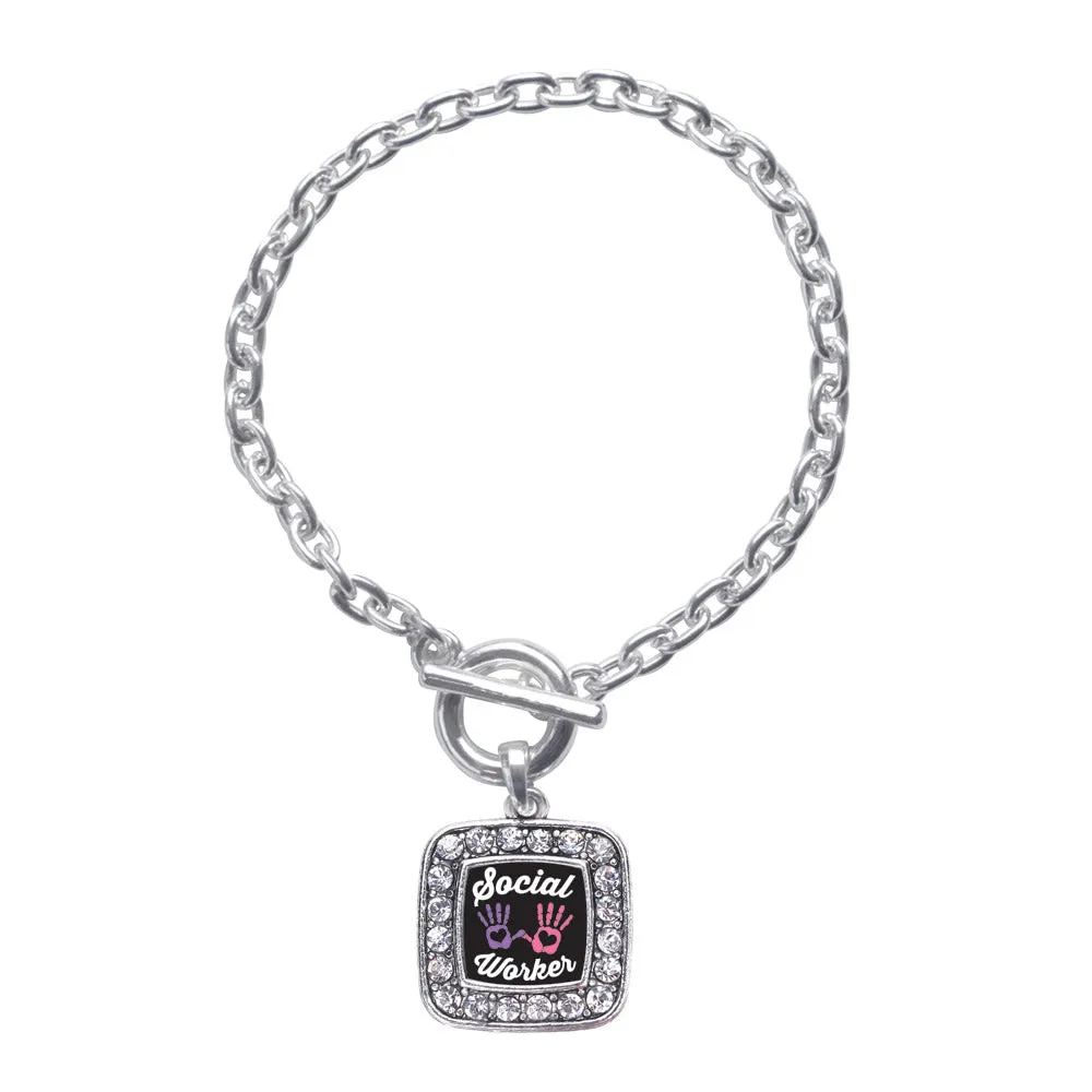 Silver Social Worker Square Charm Toggle Bracelet