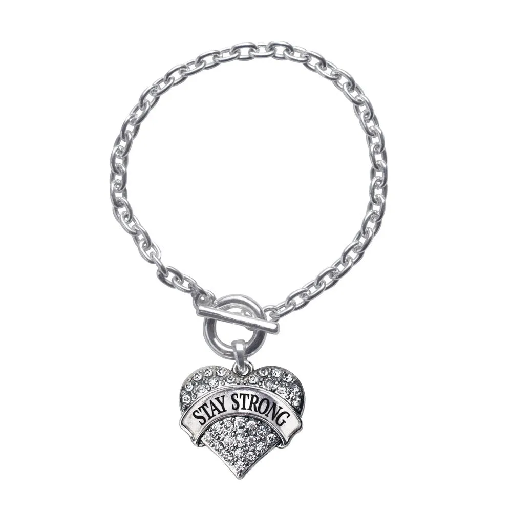 Silver Stay Strong Pave Heart Charm Toggle Bracelet