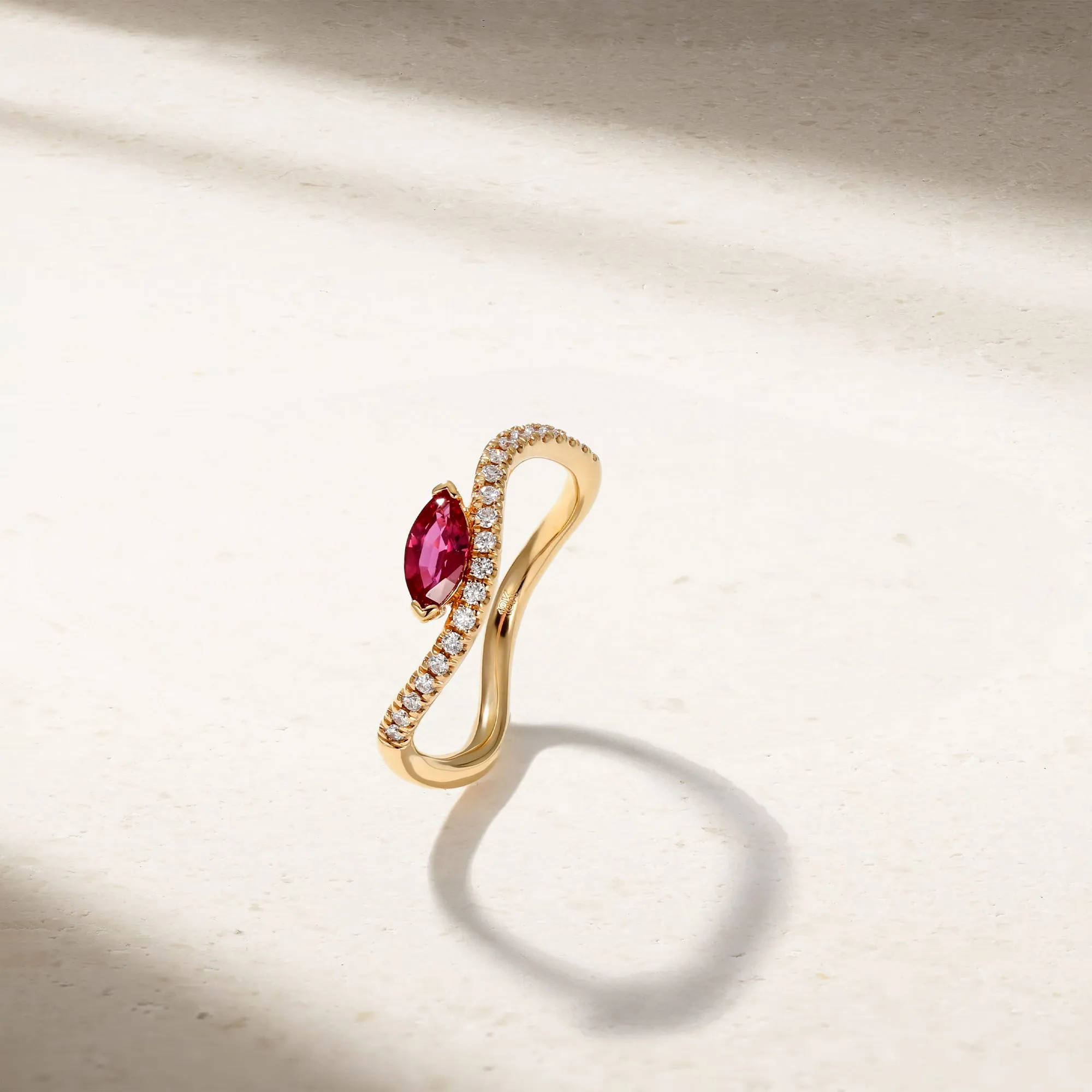 Single Wave Ruby and Diamond Ring