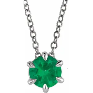 Sterling Silver 6 mm Lab-Grown Emerald Solitaire 16-18" Necklace