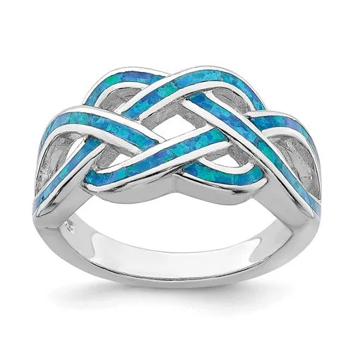 Sterling Silver Blue Inlay Created Opal Celtic Knot Ring