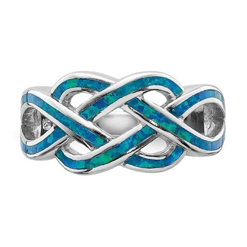 Sterling Silver Blue Inlay Created Opal Celtic Knot Ring