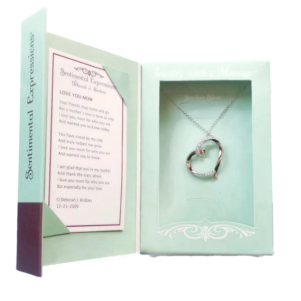 Sterling Silver CZ 'I Love You Mom' Heart Necklace with Gift Box