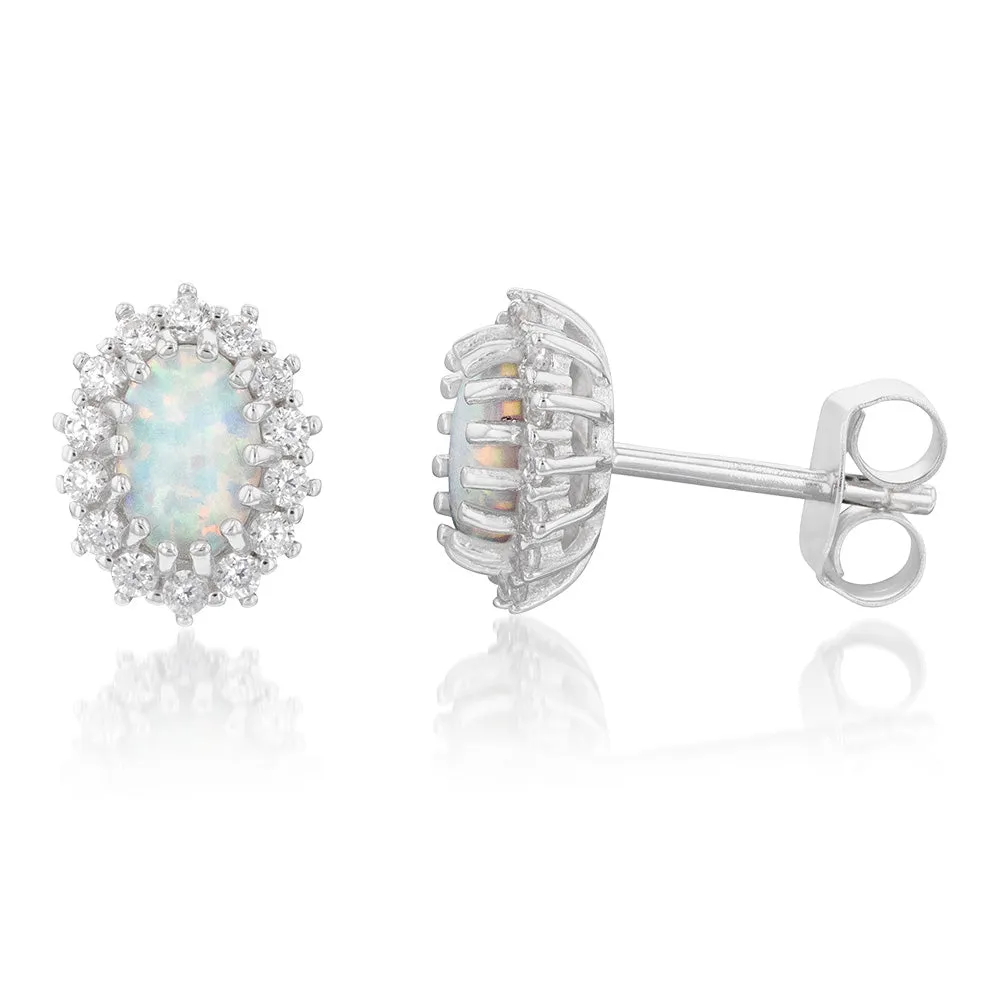 Sterling Silver Rhodium Plated Cubic Zirconia Synthetic Opal Round Stud Earrings