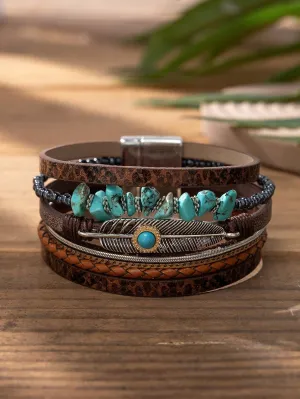 Turquoise Decor and Feather Layered Bracelet Fashion Jewelry Accessories for