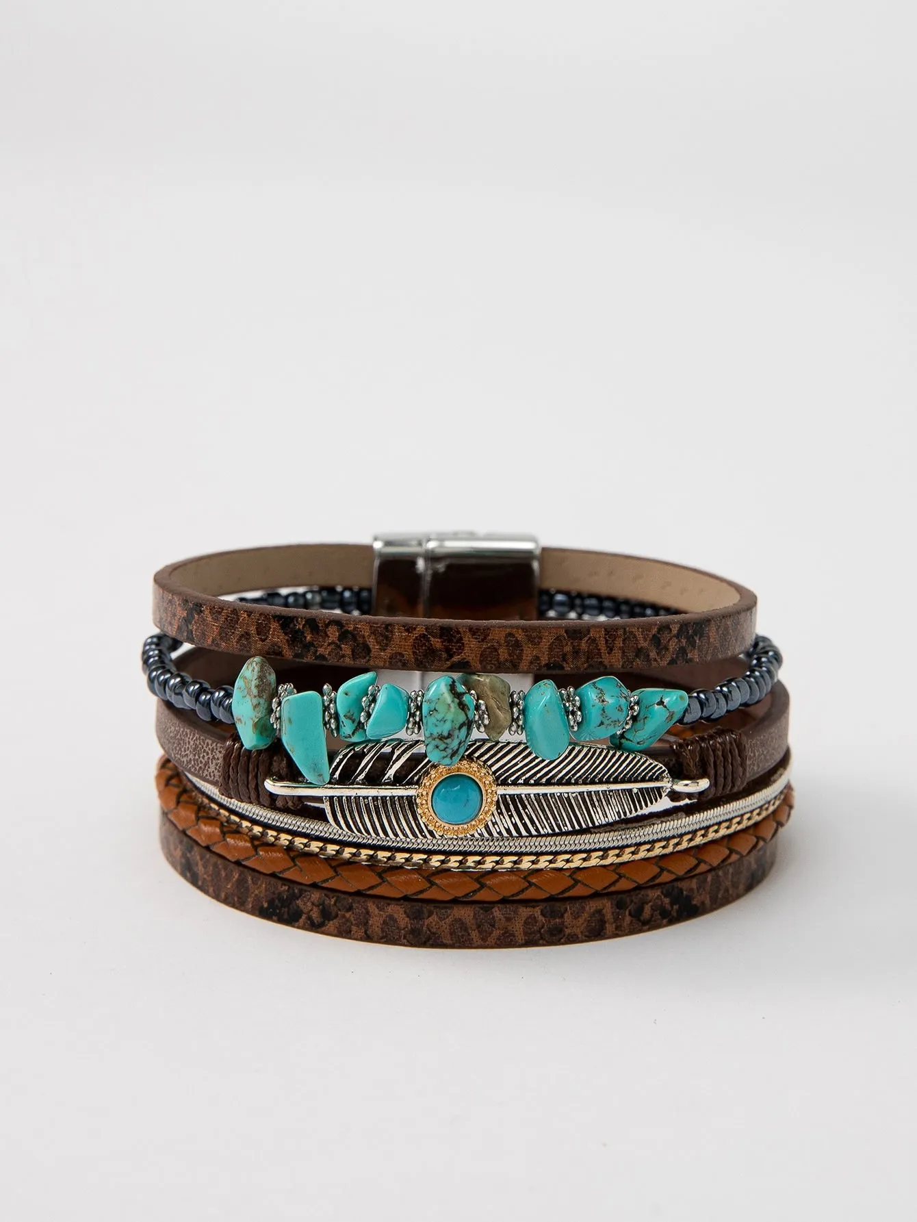 Turquoise Decor and Feather Layered Bracelet Fashion Jewelry Accessories for