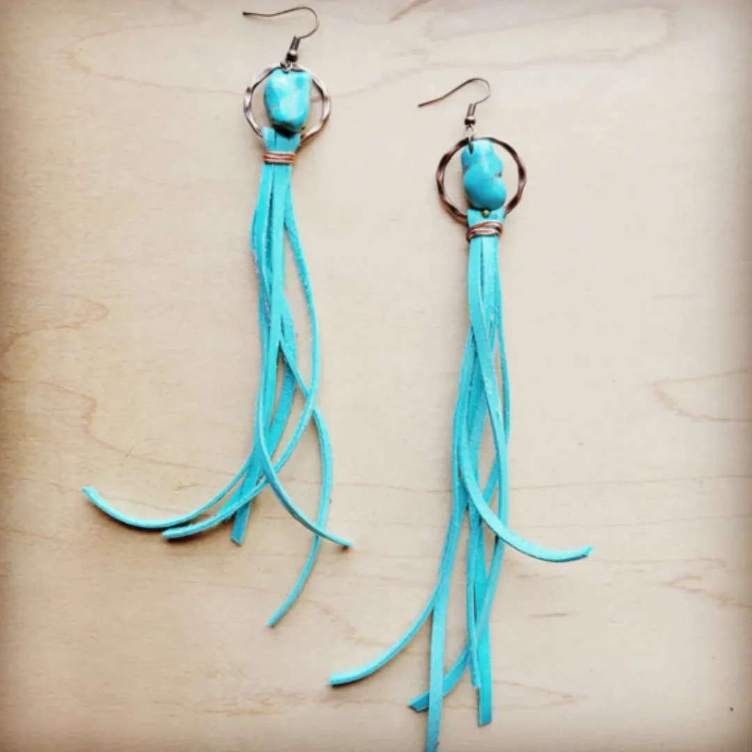 Turquoise Drop Earrings with Cream Leather Tassel