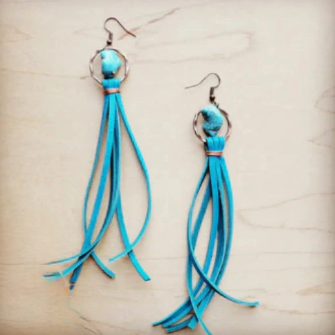 Turquoise Drop Earrings with Cream Leather Tassel