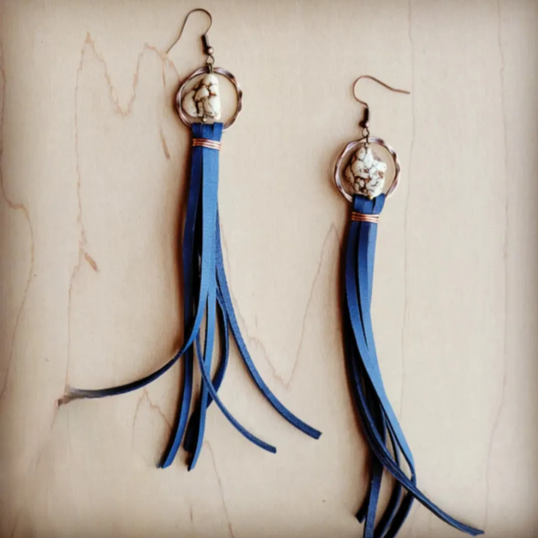 Turquoise Drop Earrings with Cream Leather Tassel