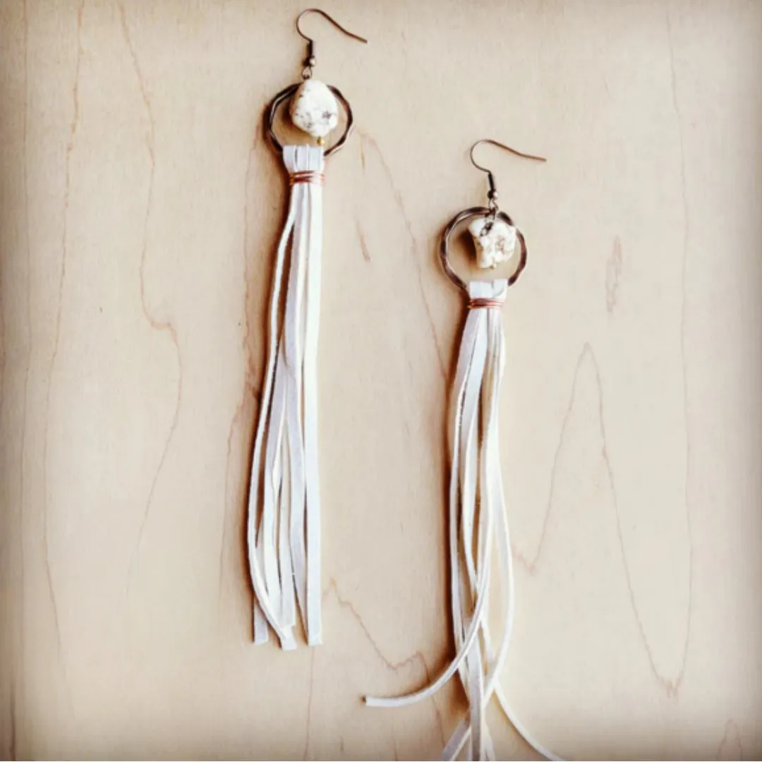 Turquoise Drop Earrings with Cream Leather Tassel