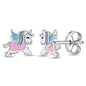 Unicorn in Flight Kids / Children's / Girls Earrings Enamel - Sterling Silver