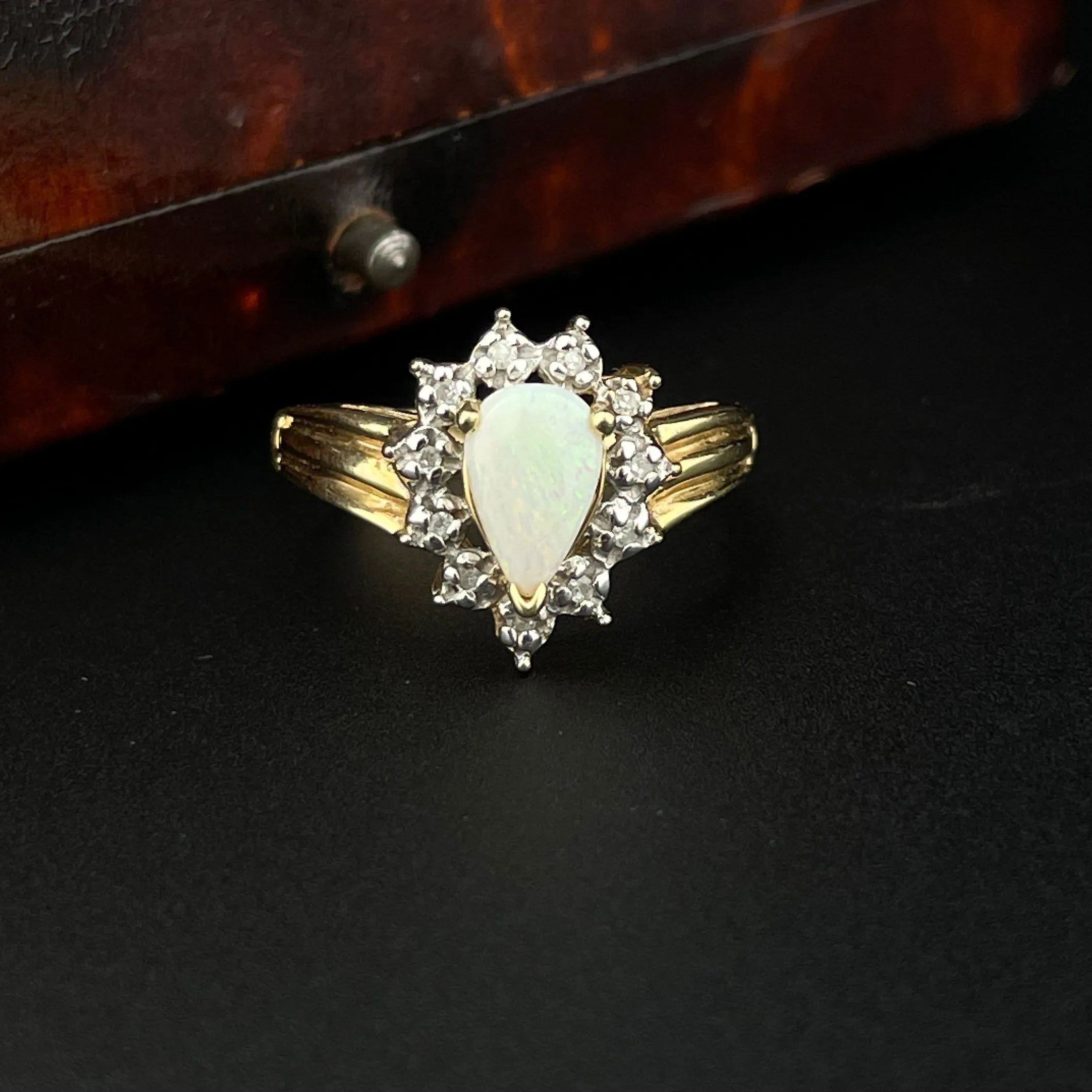 Vintage 14K Gold Pear Opal Diamond Halo Ring, Sz 5