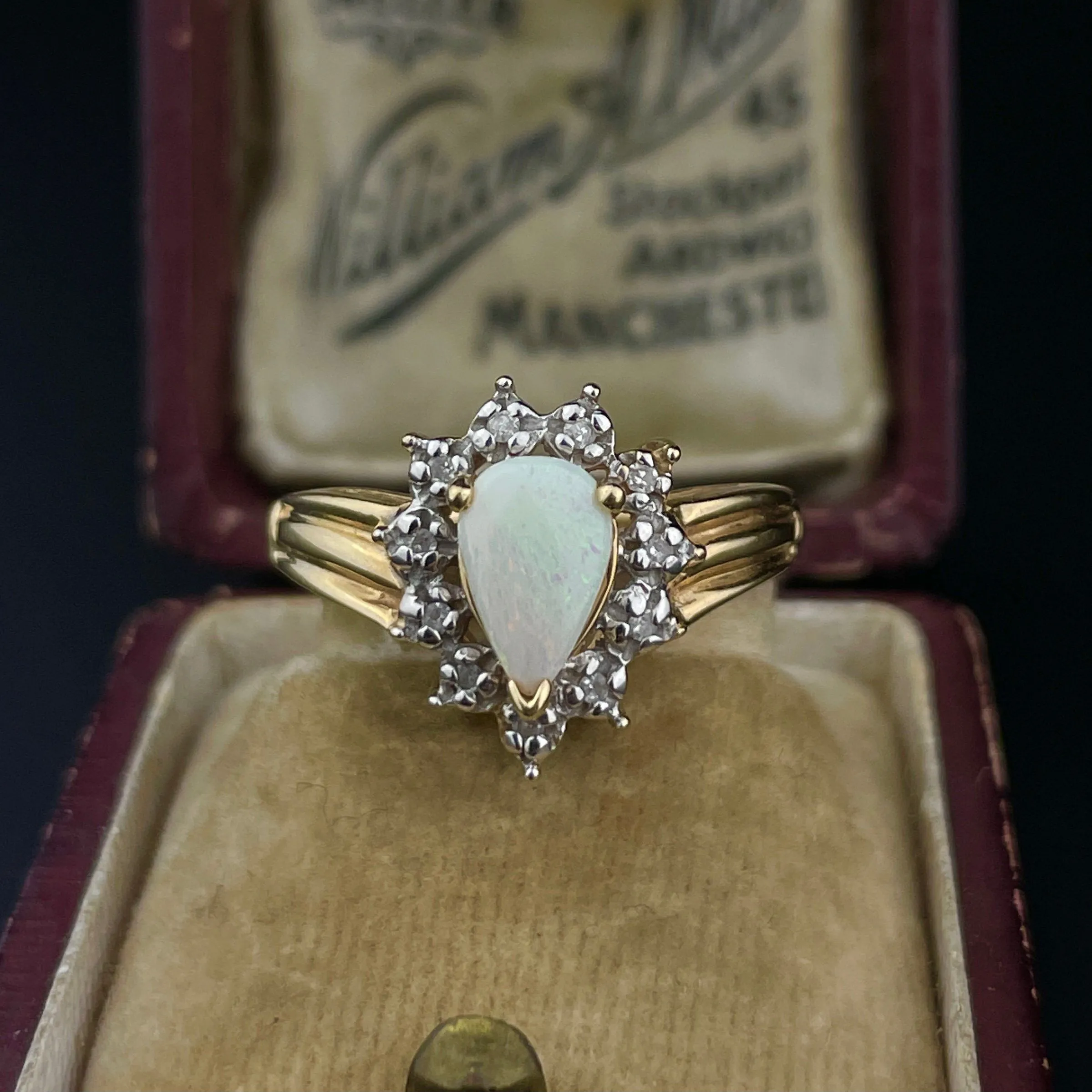 Vintage 14K Gold Pear Opal Diamond Halo Ring, Sz 5