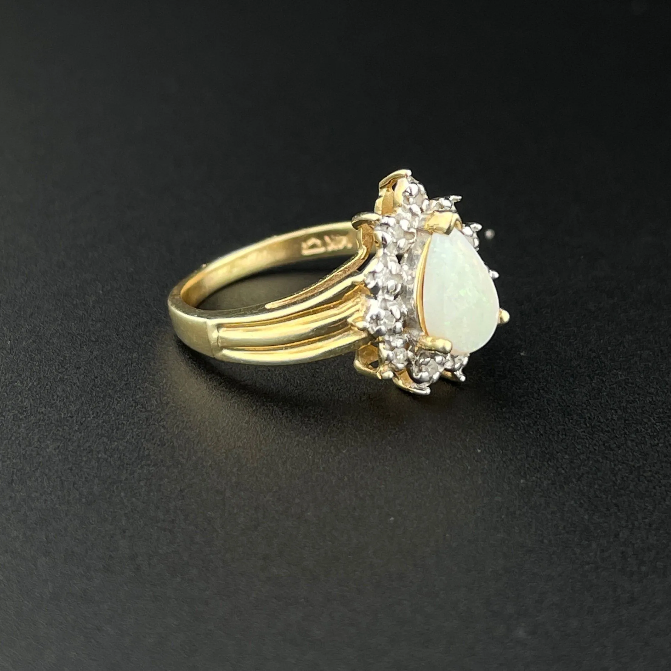 Vintage 14K Gold Pear Opal Diamond Halo Ring, Sz 5