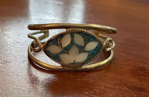 Vintage Alpaca Mexico Silver Mosaic Inlay Bangle Bracelet Turquoise MOP