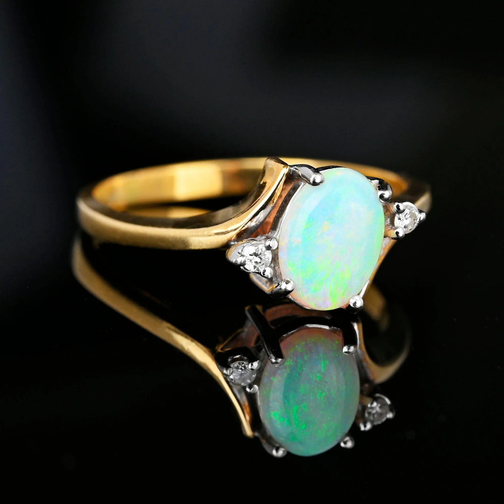 Vintage Diamond Accent Cabochon Opal Bypass Ring