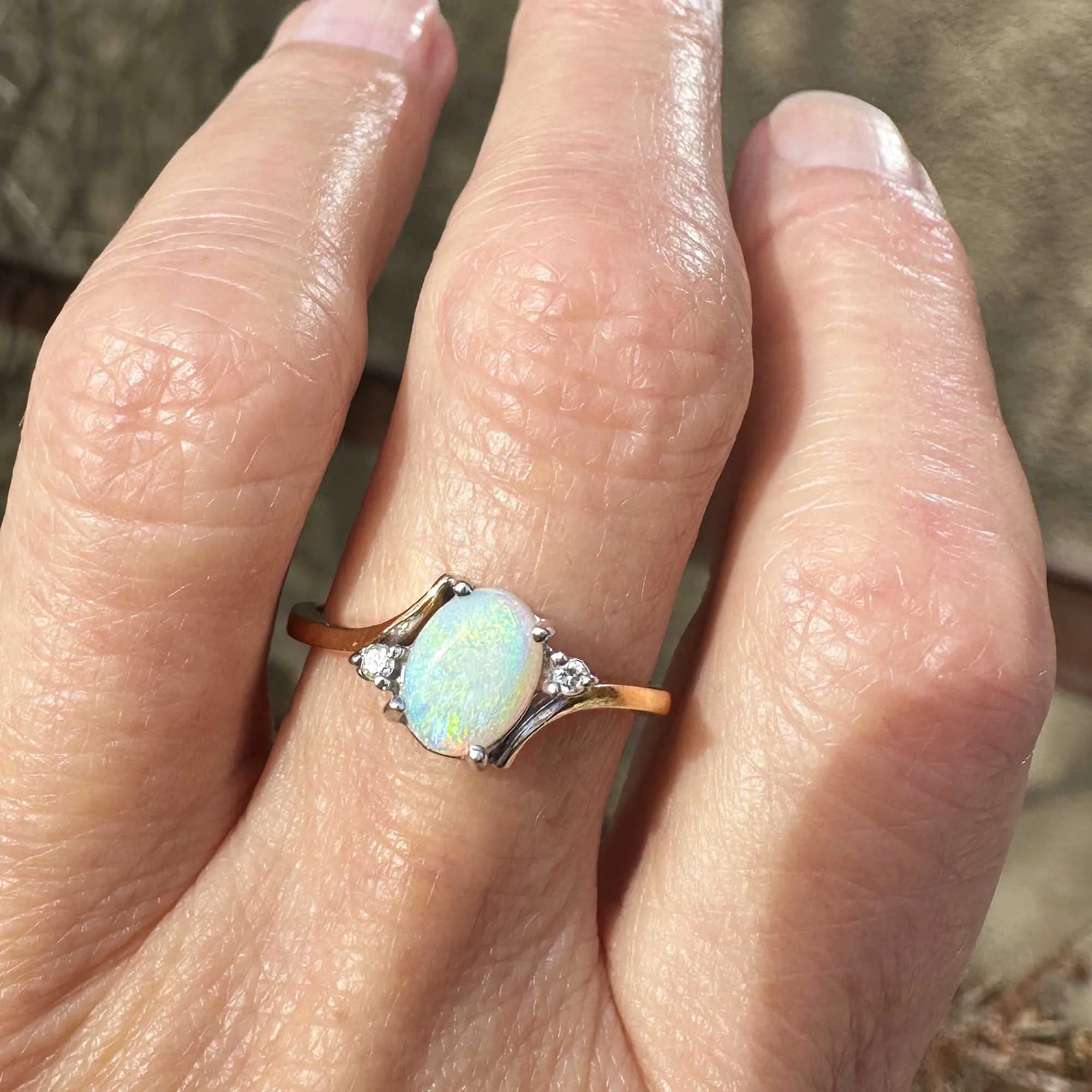 Vintage Diamond Accent Cabochon Opal Bypass Ring