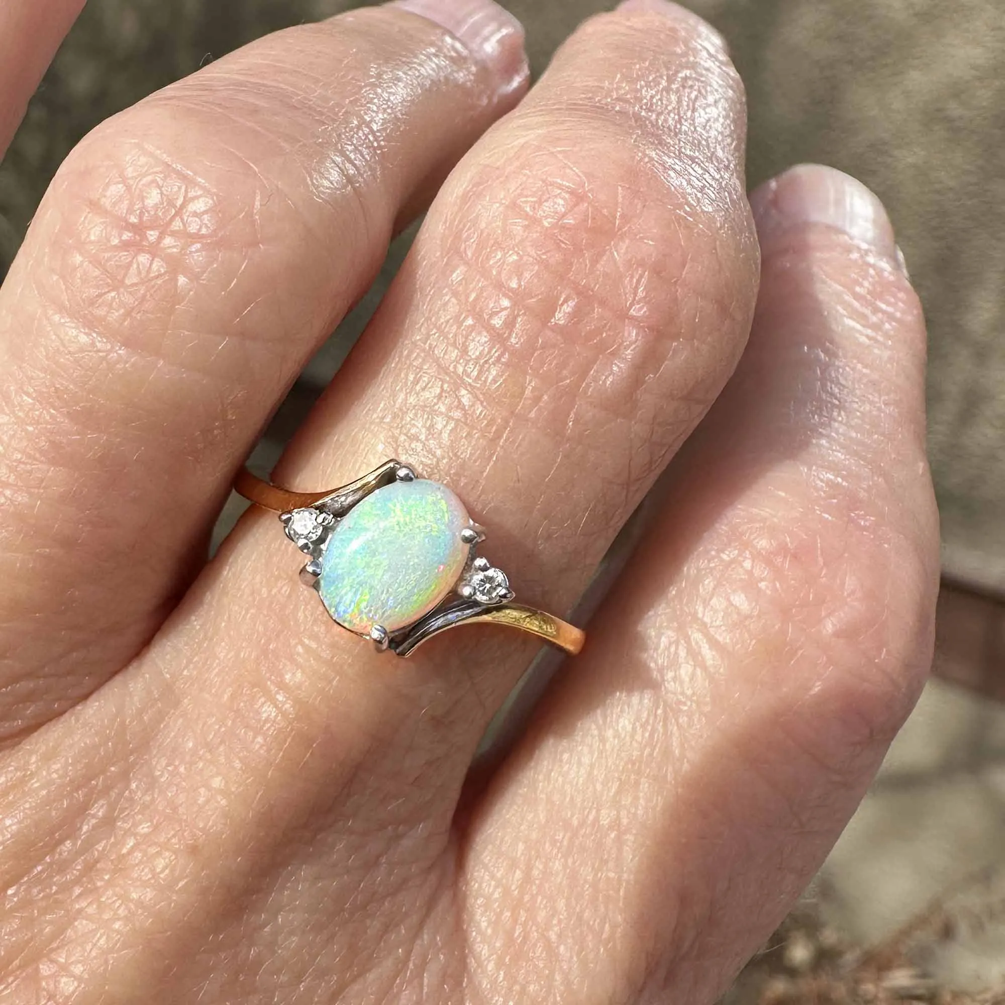 Vintage Diamond Accent Cabochon Opal Bypass Ring