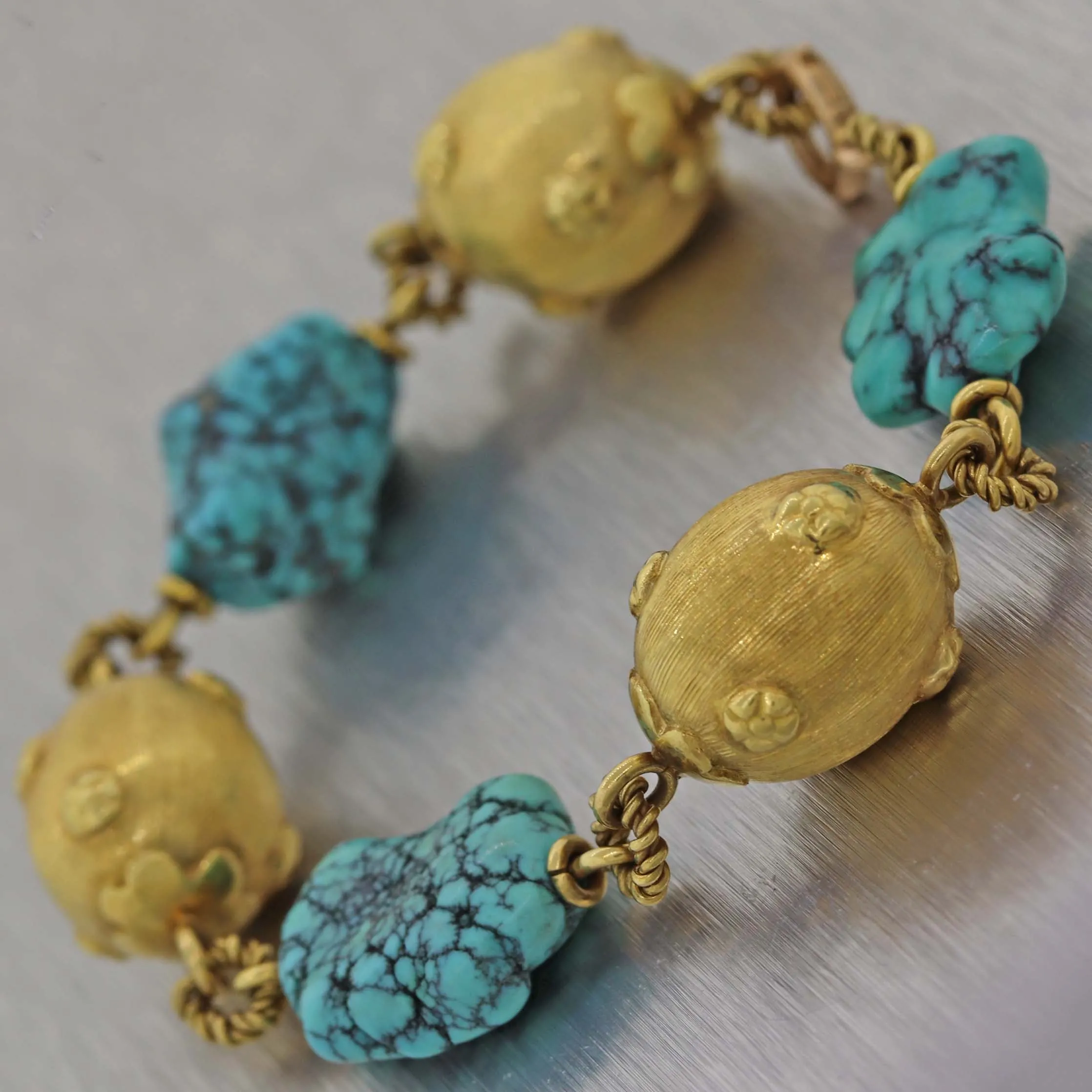 Vintage Estate 18k Yellow Gold Whimsical Turquoise Bracelet