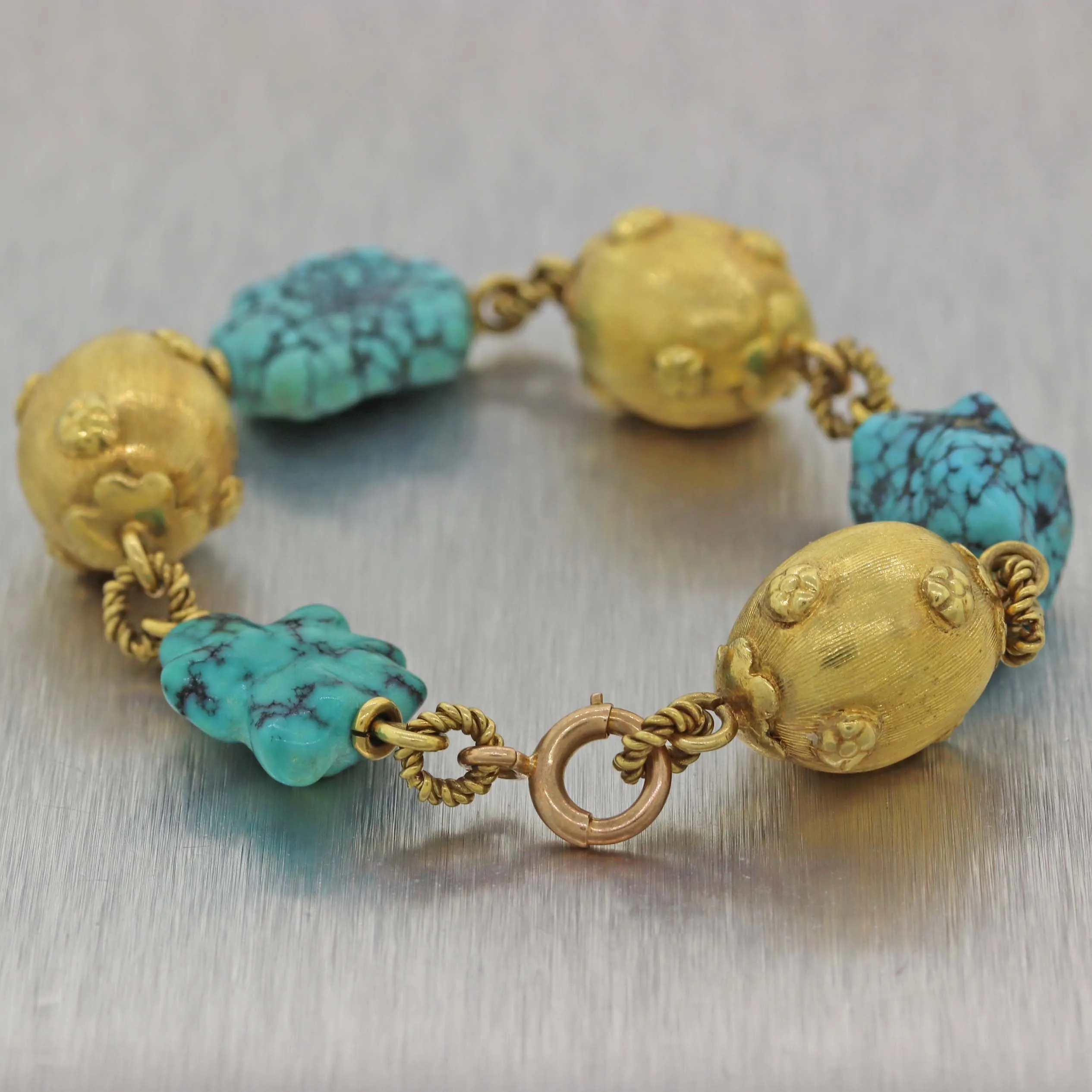 Vintage Estate 18k Yellow Gold Whimsical Turquoise Bracelet