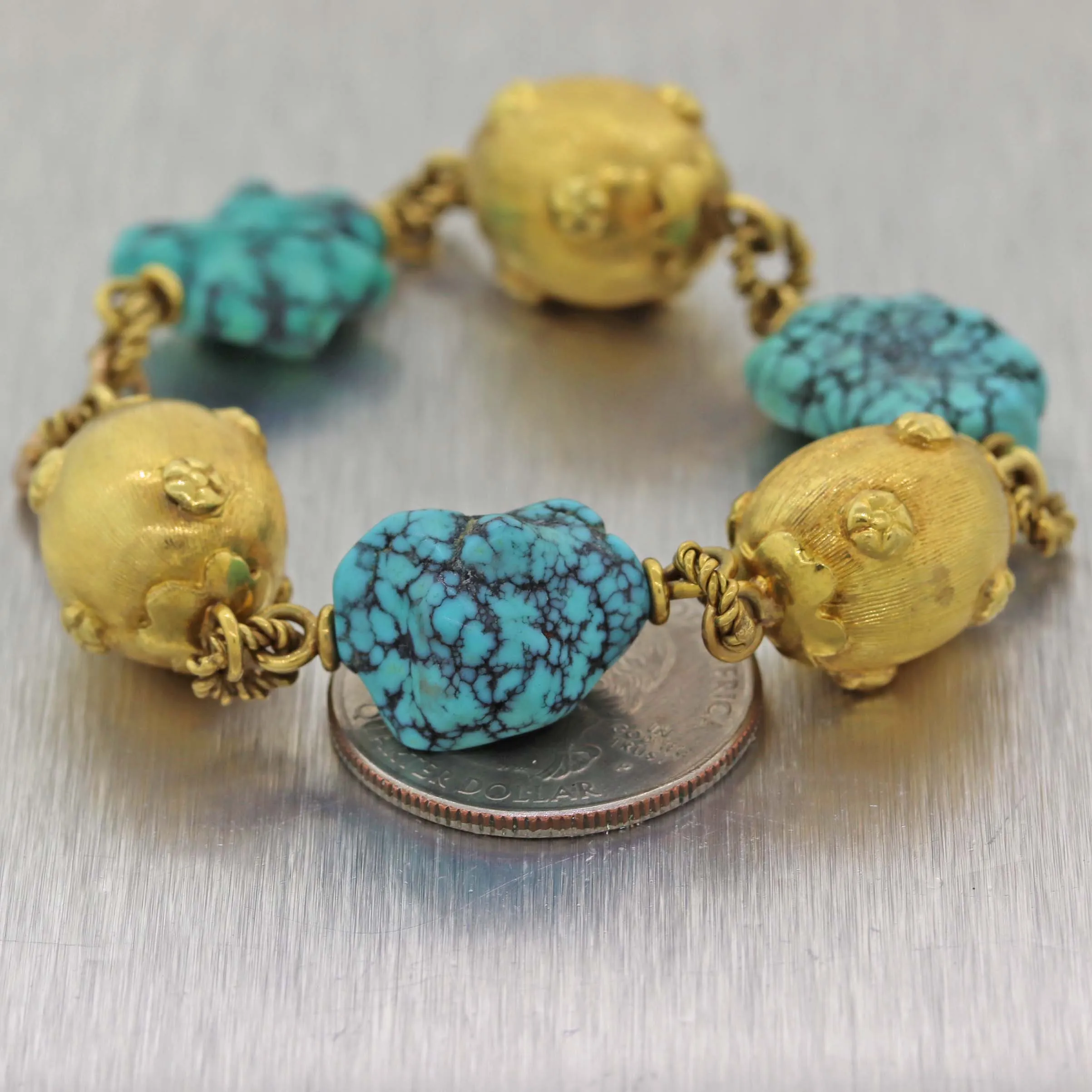 Vintage Estate 18k Yellow Gold Whimsical Turquoise Bracelet