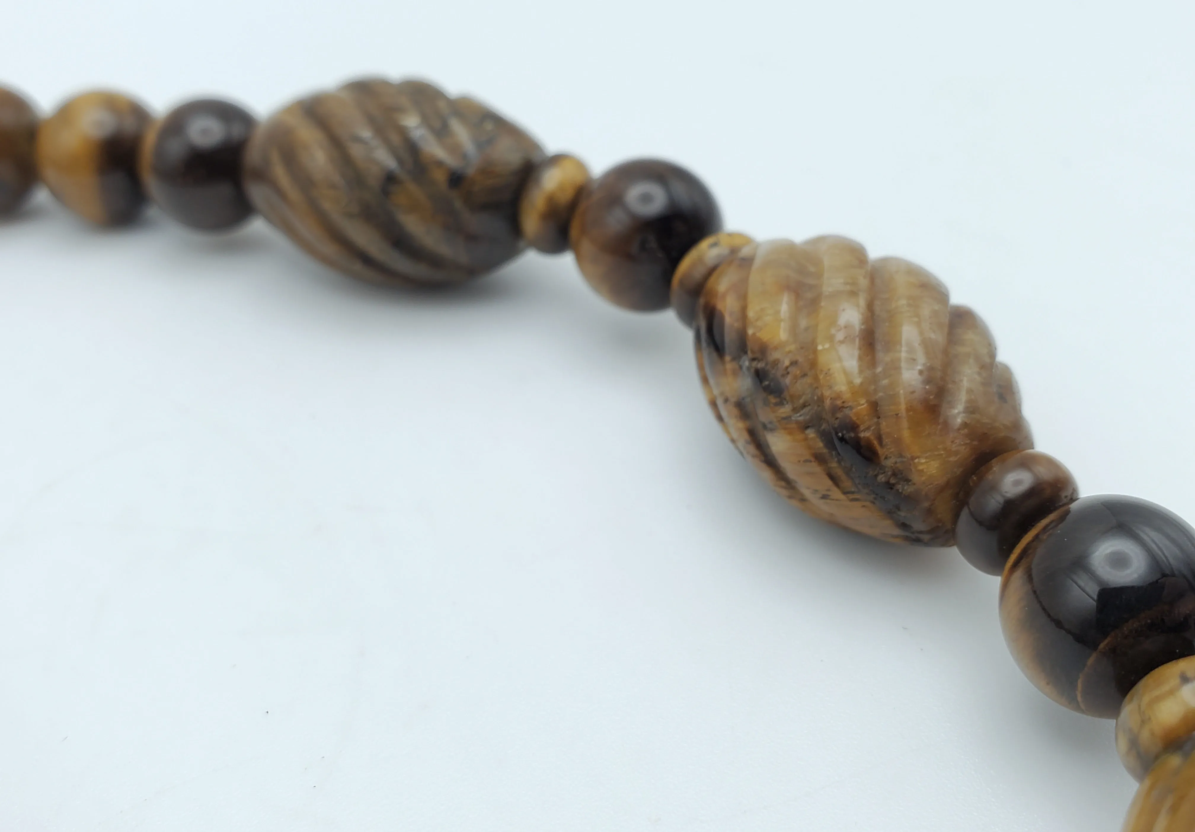 Vintage Handmade Carved Tiger's Eye Bead Necklace with Sterling Silver Clasp and Extension chain - 20.25   2.25"