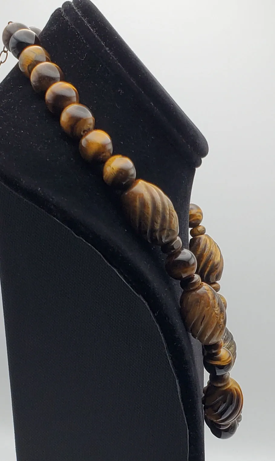 Vintage Handmade Carved Tiger's Eye Bead Necklace with Sterling Silver Clasp and Extension chain - 20.25   2.25"