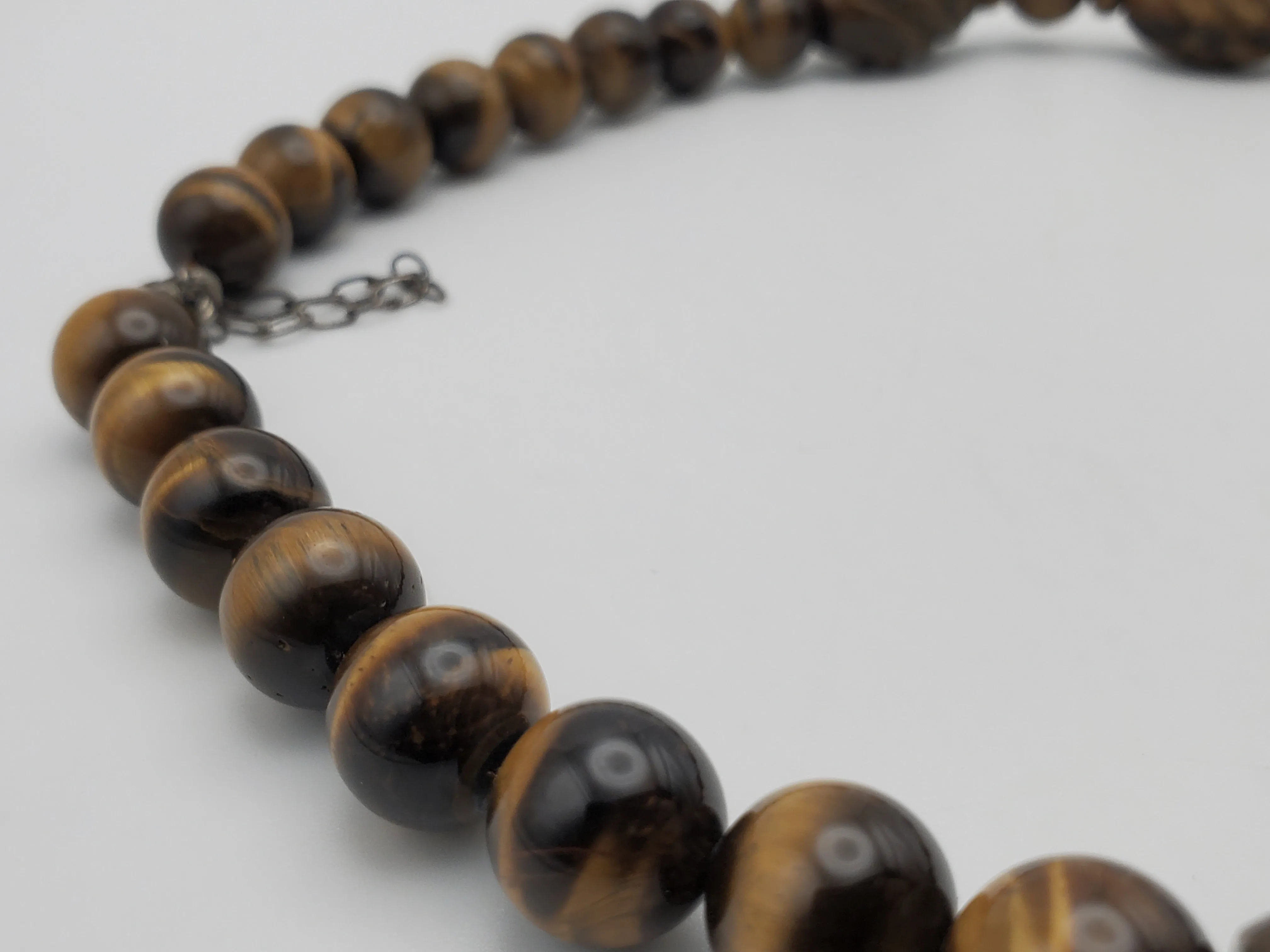 Vintage Handmade Carved Tiger's Eye Bead Necklace with Sterling Silver Clasp and Extension chain - 20.25   2.25"