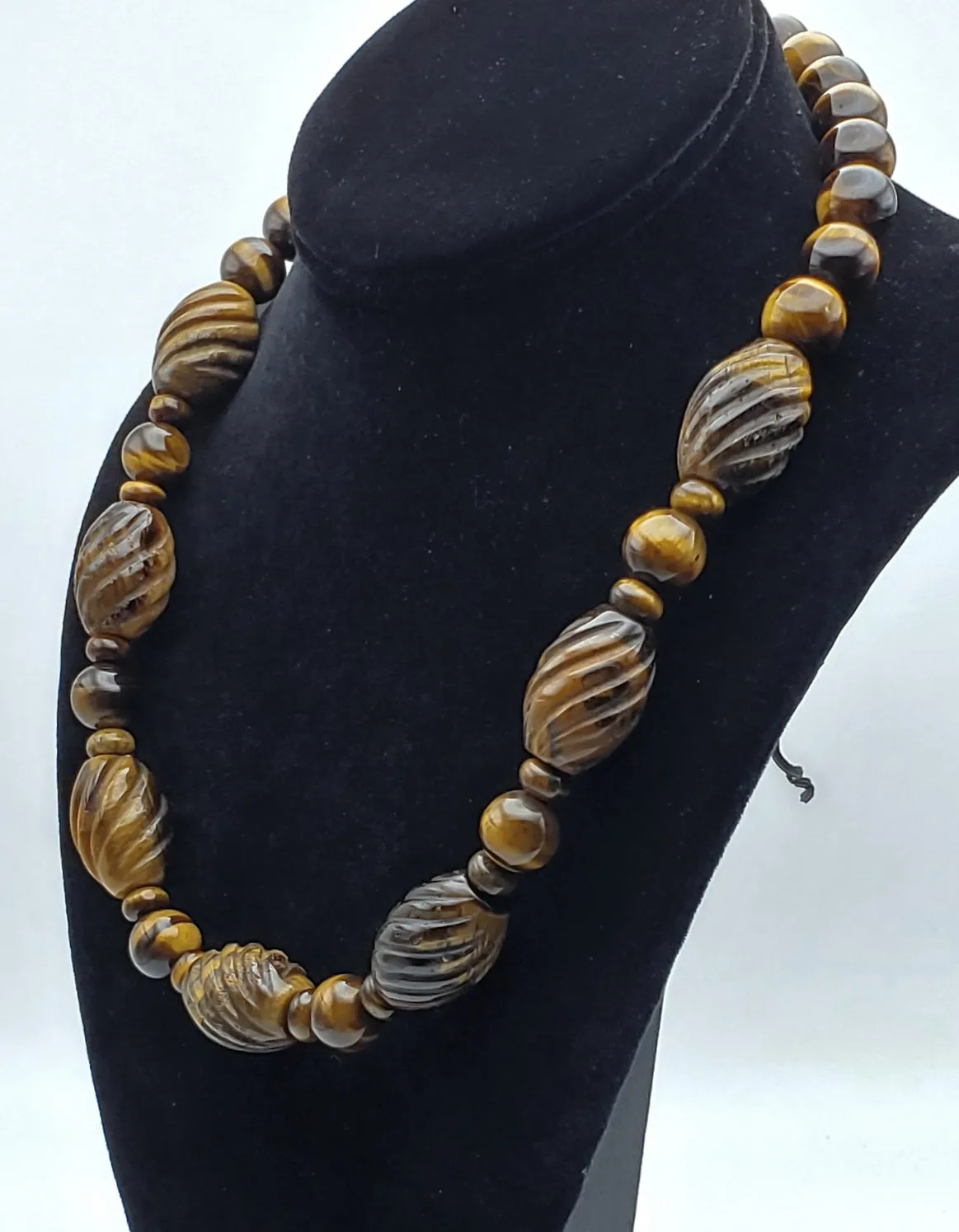 Vintage Handmade Carved Tiger's Eye Bead Necklace with Sterling Silver Clasp and Extension chain - 20.25   2.25"