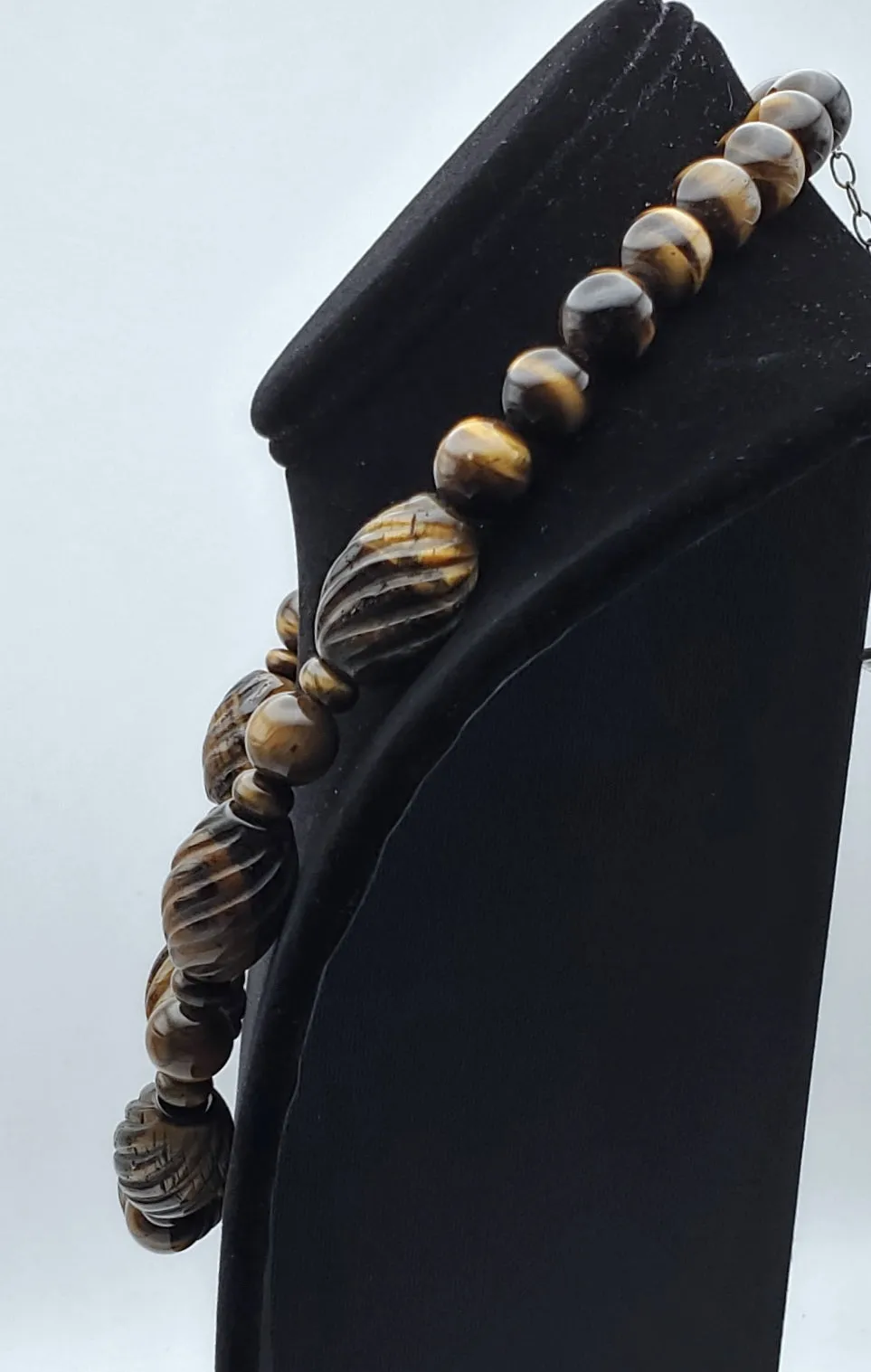 Vintage Handmade Carved Tiger's Eye Bead Necklace with Sterling Silver Clasp and Extension chain - 20.25   2.25"