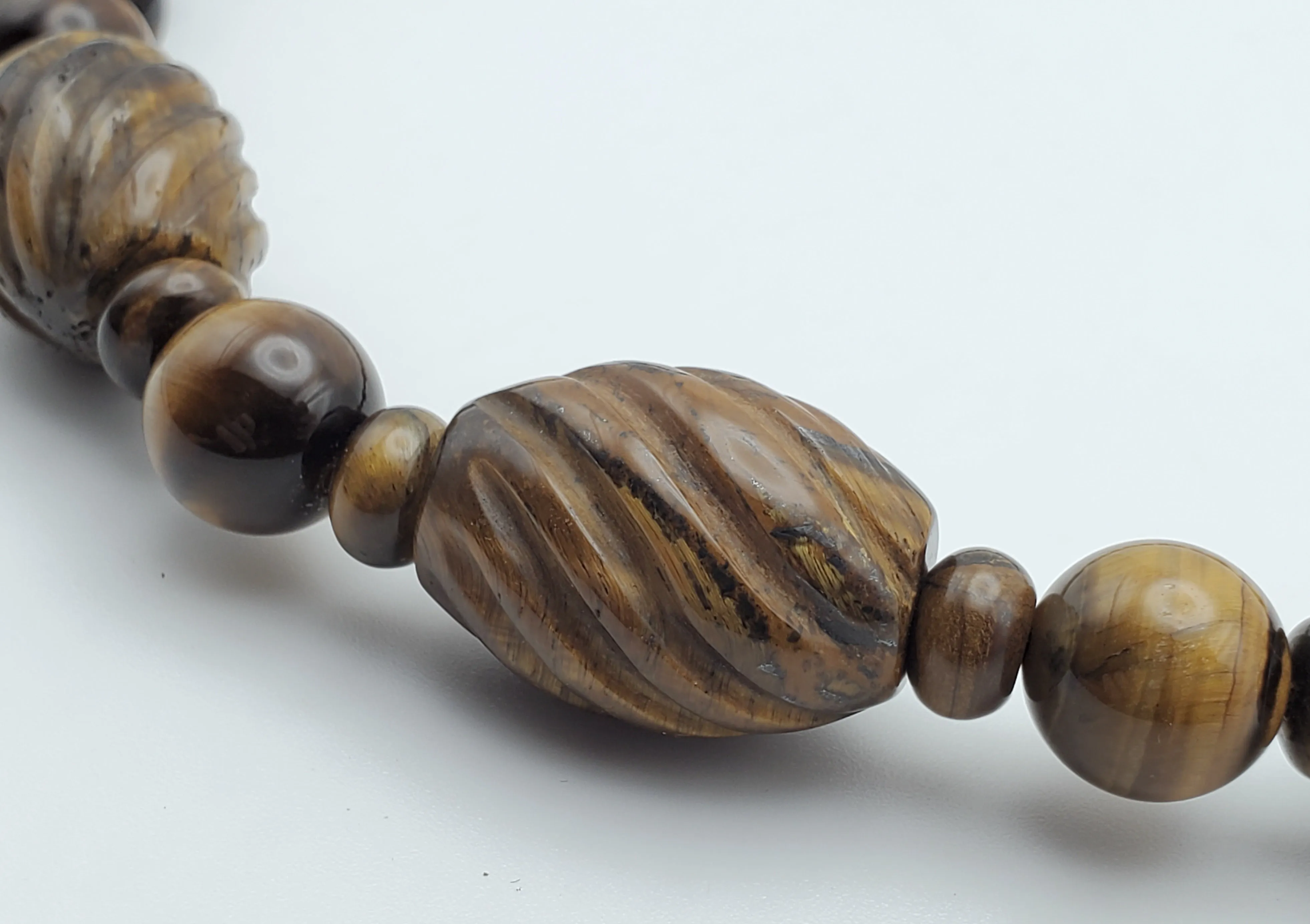 Vintage Handmade Carved Tiger's Eye Bead Necklace with Sterling Silver Clasp and Extension chain - 20.25   2.25"