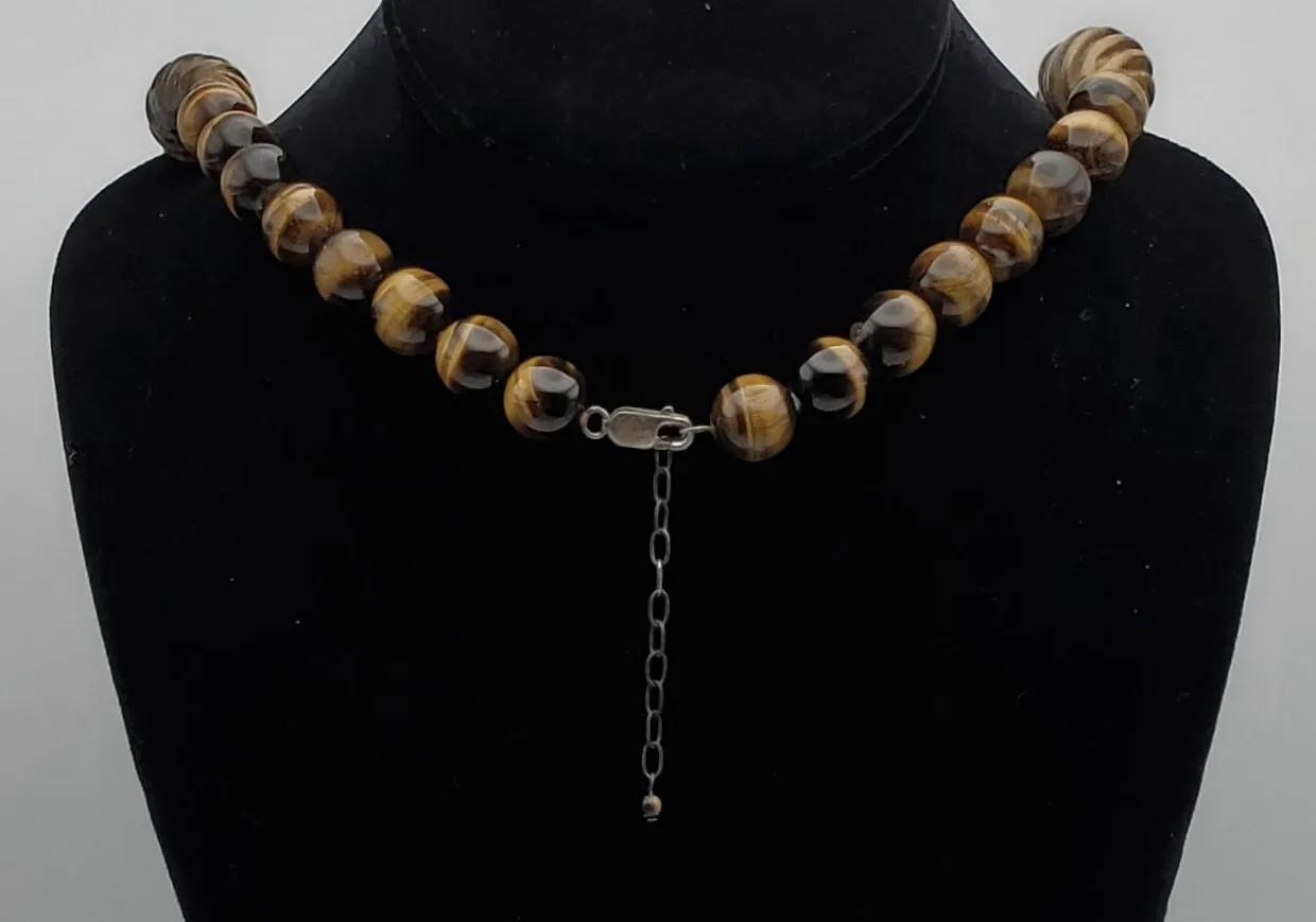 Vintage Handmade Carved Tiger's Eye Bead Necklace with Sterling Silver Clasp and Extension chain - 20.25   2.25"