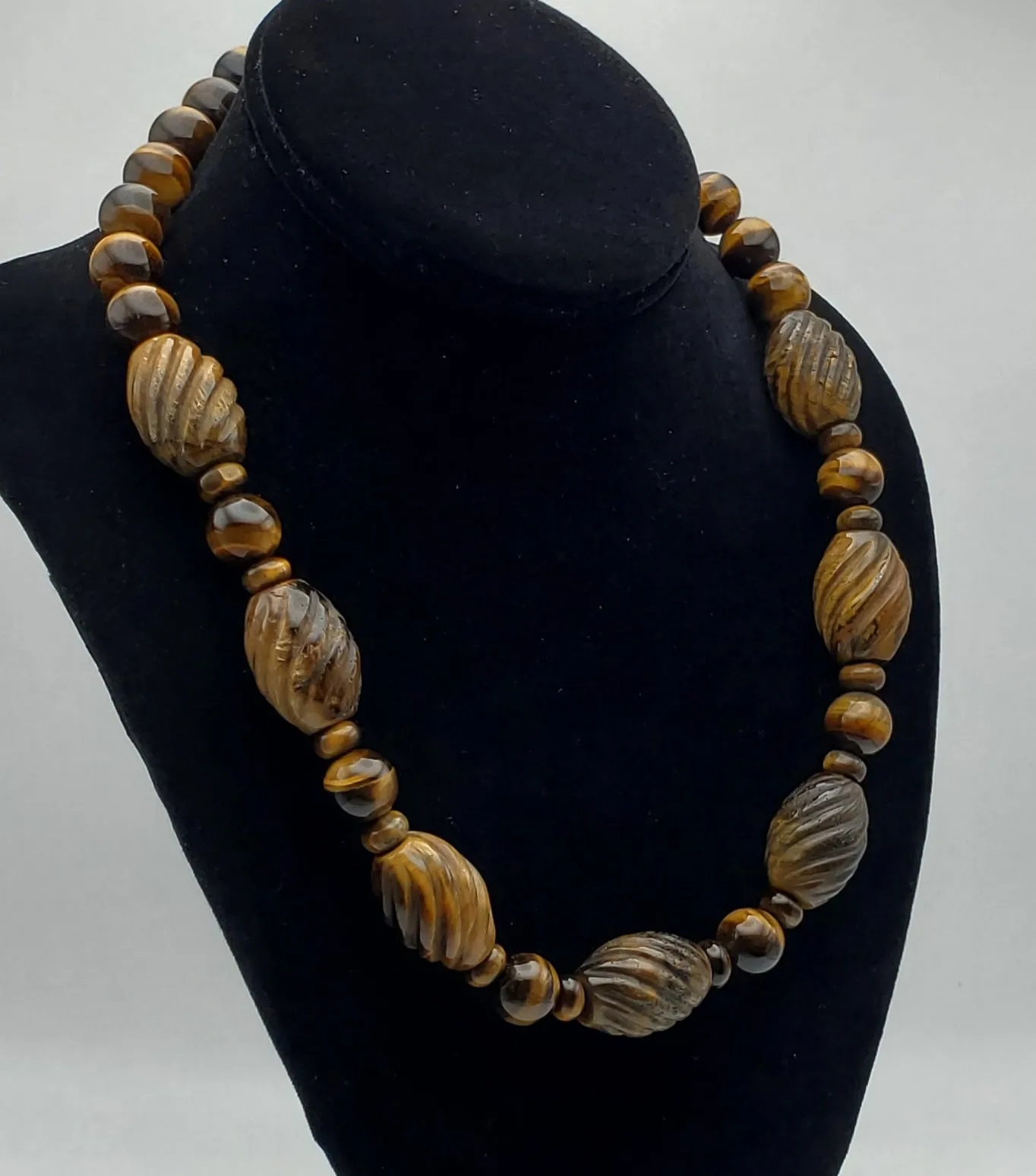 Vintage Handmade Carved Tiger's Eye Bead Necklace with Sterling Silver Clasp and Extension chain - 20.25   2.25"