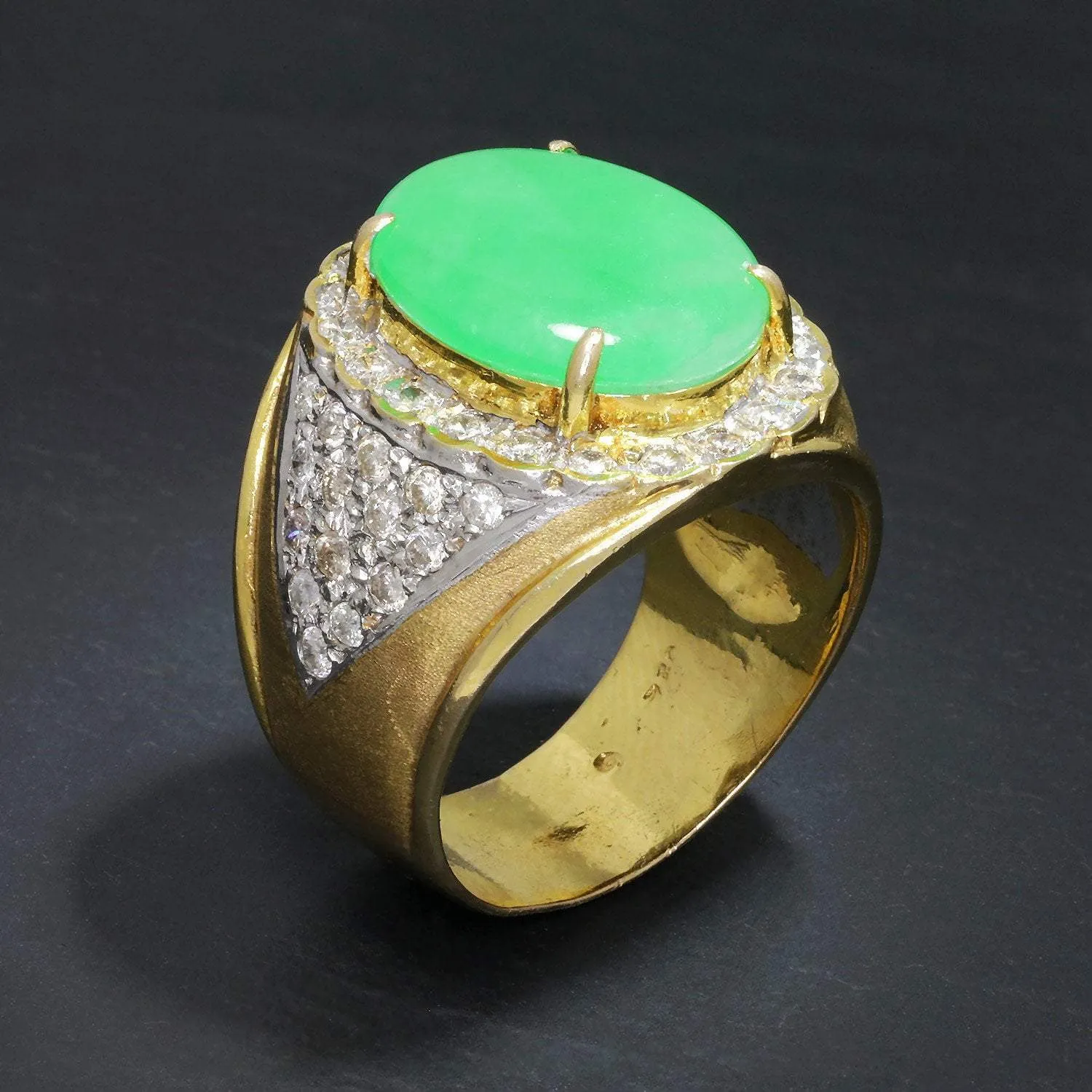 Vintage Oval Green Jade Ring with Diamonds 18K Gold 5.25ctw