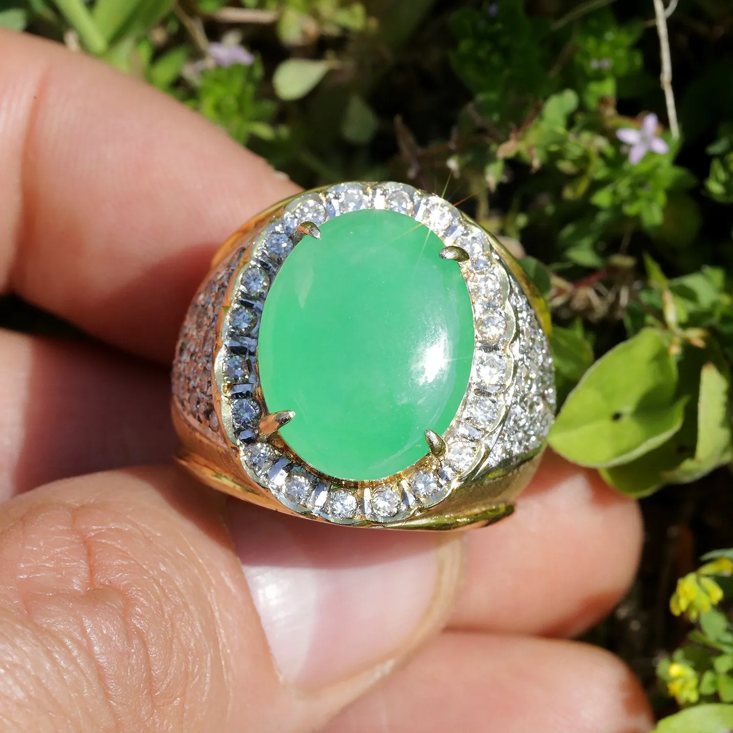 Vintage Oval Green Jade Ring with Diamonds 18K Gold 5.25ctw