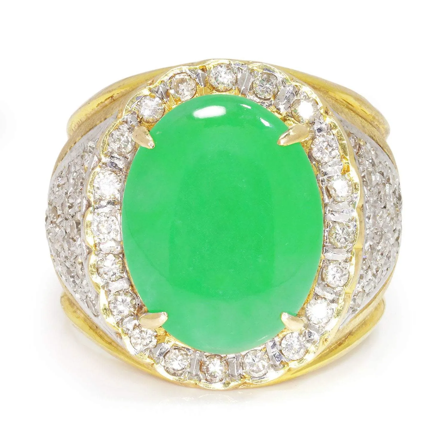 Vintage Oval Green Jade Ring with Diamonds 18K Gold 5.25ctw