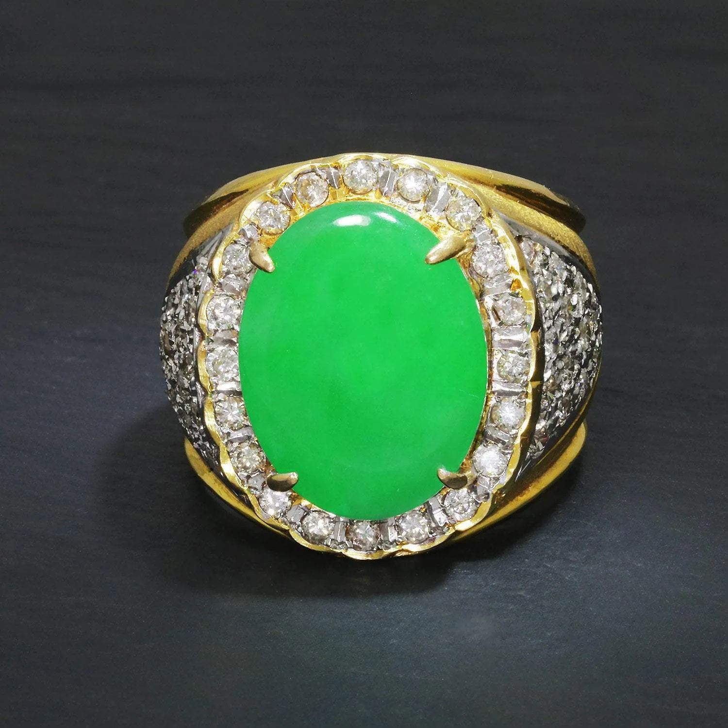 Vintage Oval Green Jade Ring with Diamonds 18K Gold 5.25ctw