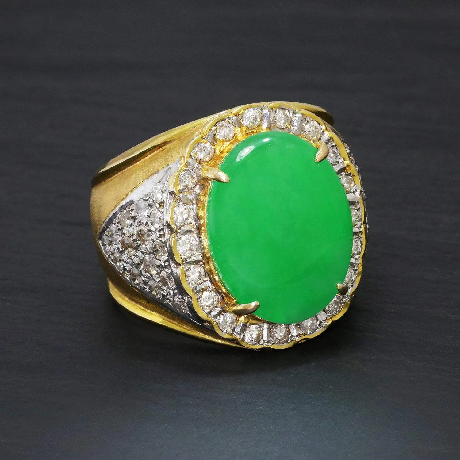 Vintage Oval Green Jade Ring with Diamonds 18K Gold 5.25ctw